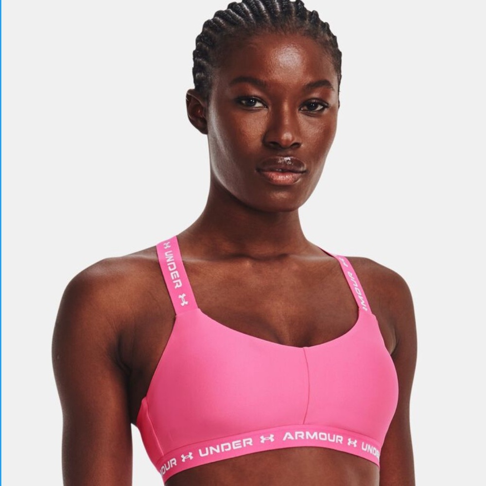 Under Armour Pink Sports Bra with logo crisscross straps sz Lg